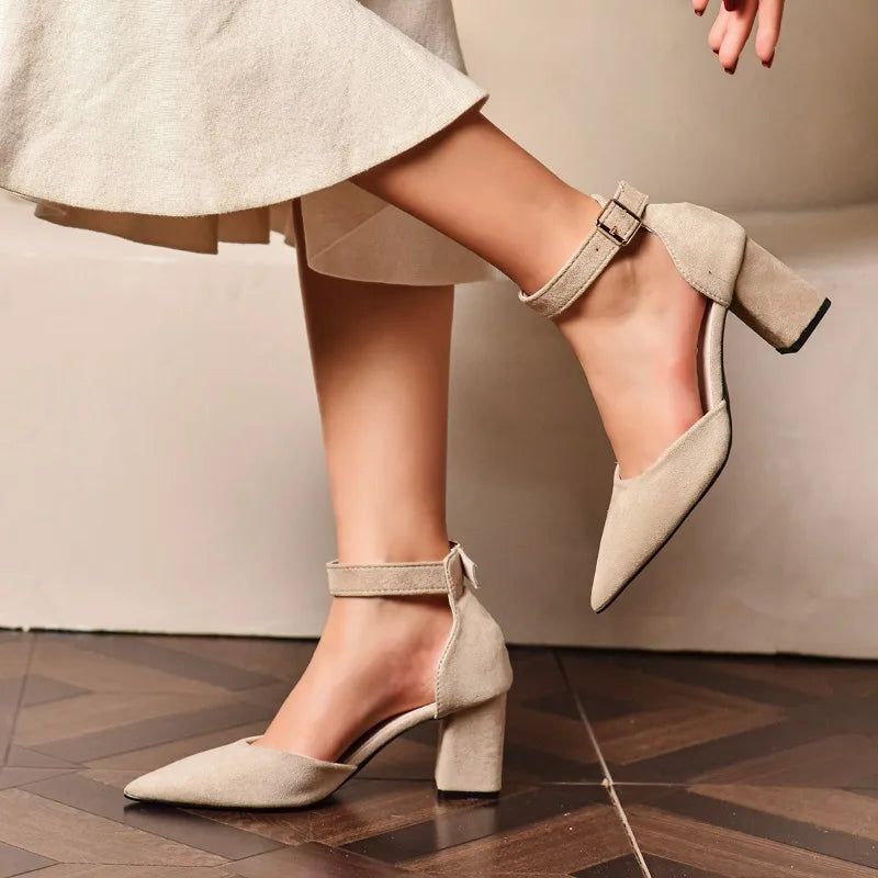2025 Women’s Pointed Toe Hollow Single Strap Shoes – Autumn Suede Anti-Slip Wear-Resistant High Heels