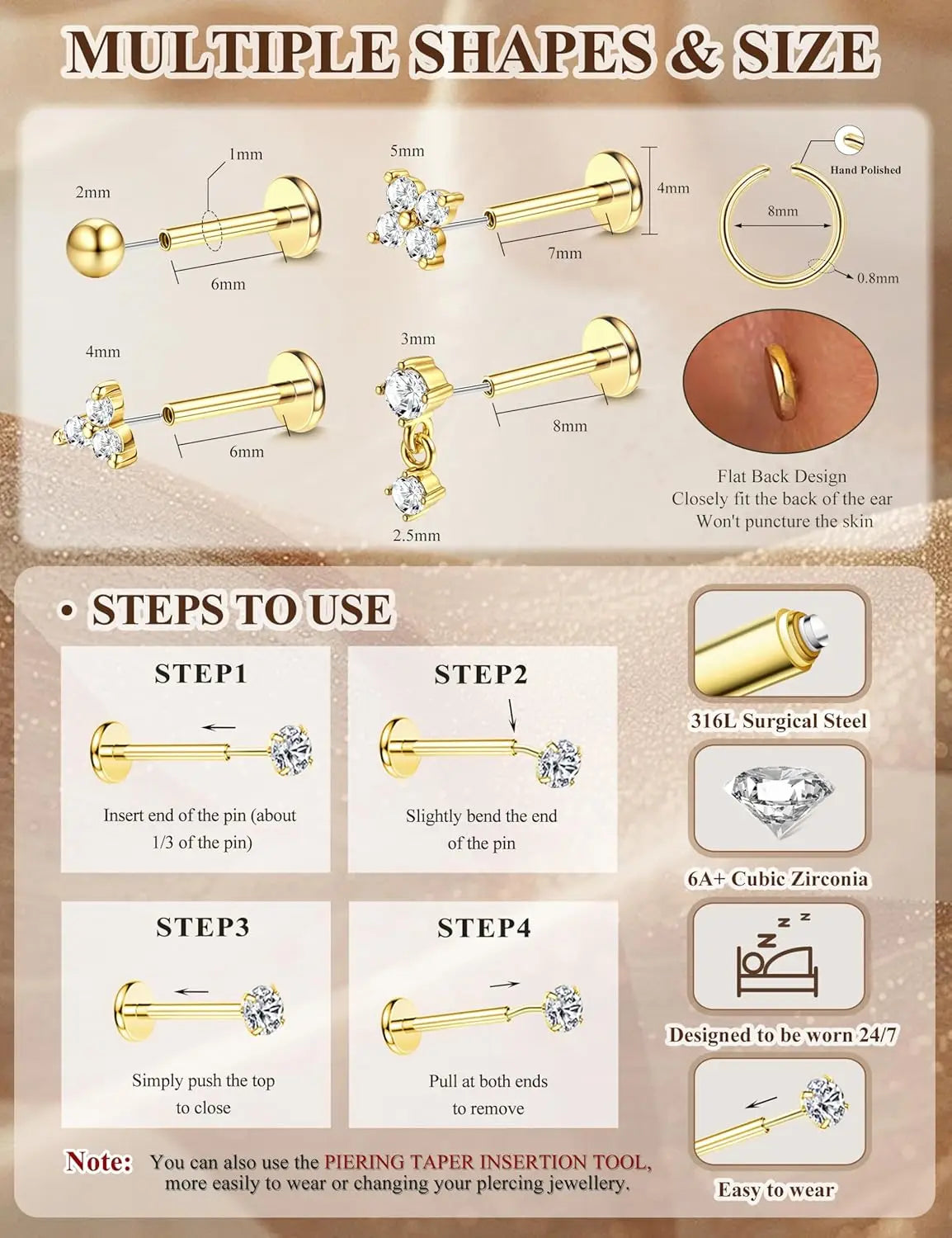 14K Gold Plated CZ Flat Back Stud Earrings – 316L Surgical Steel Threadless Nose, Helix & Cartilage Piercing Jewelry