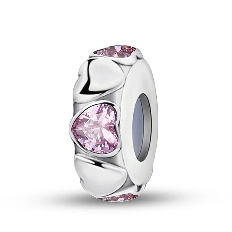 925 Sterling Silver Pink Heart Charm - Zircon Love Pendant Bead for DIY Bracelets, Bangles & Women’s Jewelry