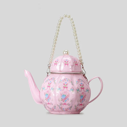 Creative Vintage Printed Teapot Design Women’s Handbag – Pearl Chain Luxury Small Bucket Crossbody Bag