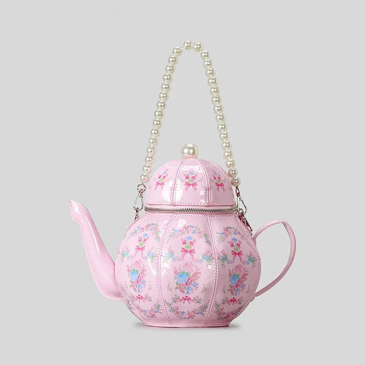 Creative Vintage Printed Teapot Design Women’s Handbag – Pearl Chain Luxury Small Bucket Crossbody Bag