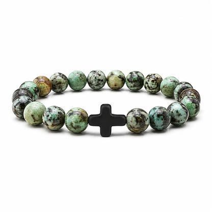 Natural Stone & Wood Bead Rosary Bracelet - Hematite Cross Meditation & Yoga Jewelry for Men & Women