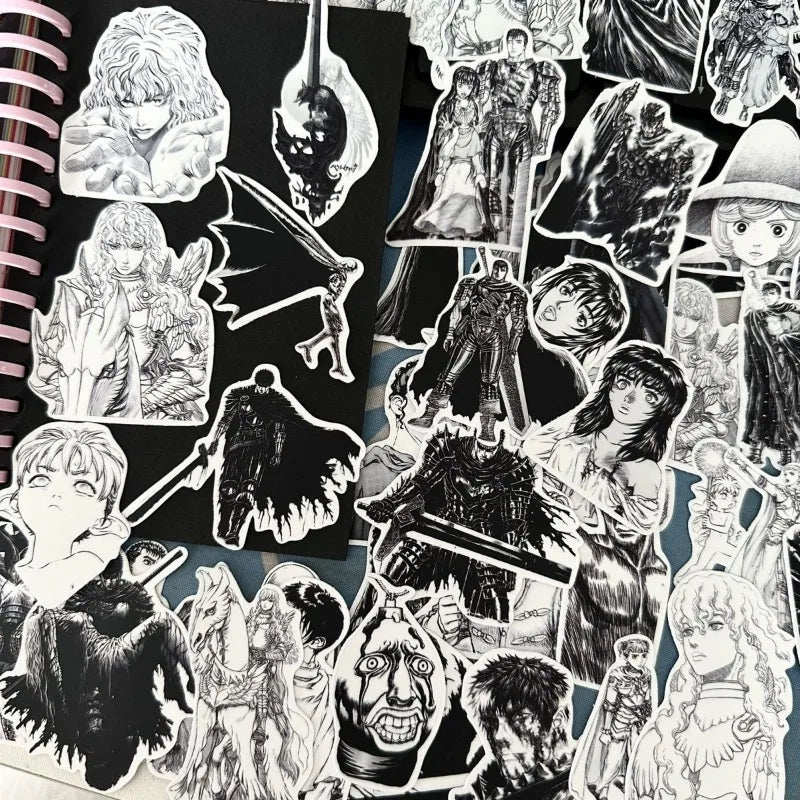53pcs Berserk Guts Anime Stickers – Black & White Waterproof Laptop, Diary & Luggage Decals
