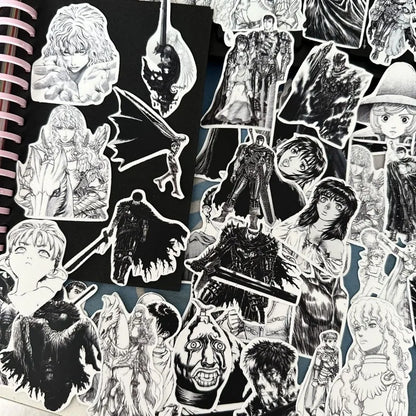 53pcs Berserk Guts Anime Stickers – Black & White Waterproof Laptop, Diary & Luggage Decals