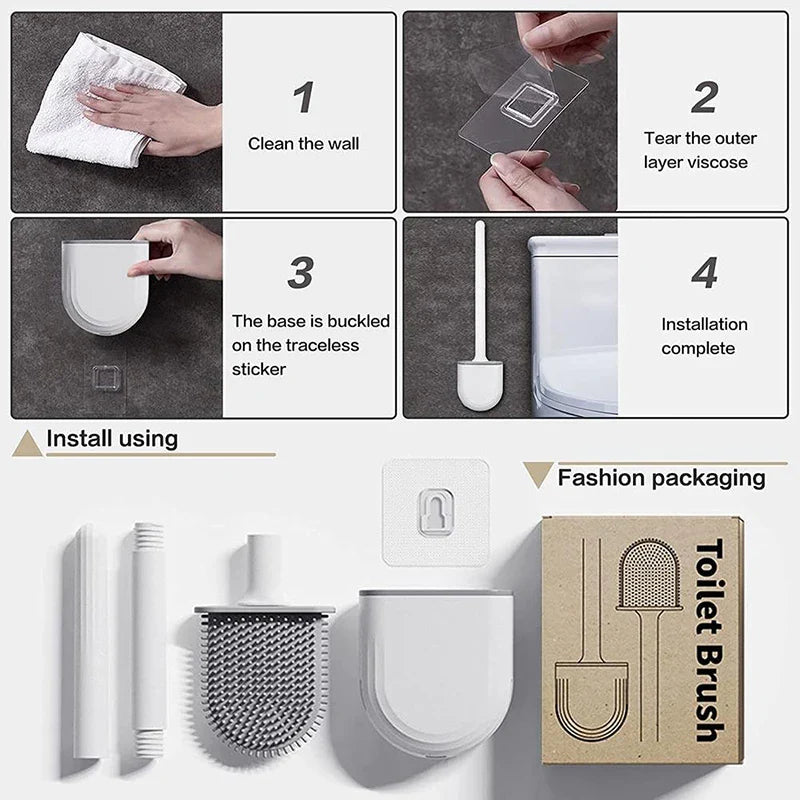 Flexible Hanging Silicone Toilet Brush Cleaner with Quick-Drying Holder - Bathroom Cleaning Accessory