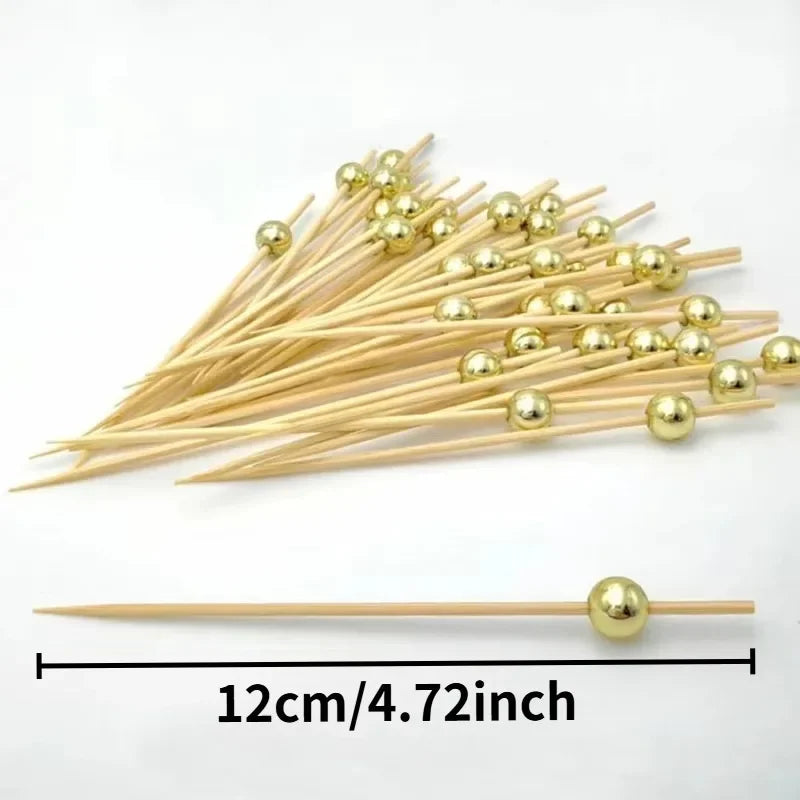 100PCS Gold, Silver & White Pearl Bamboo Skewers – Fruit, Dessert, Cocktail, Party, and Buffet Toothpicks