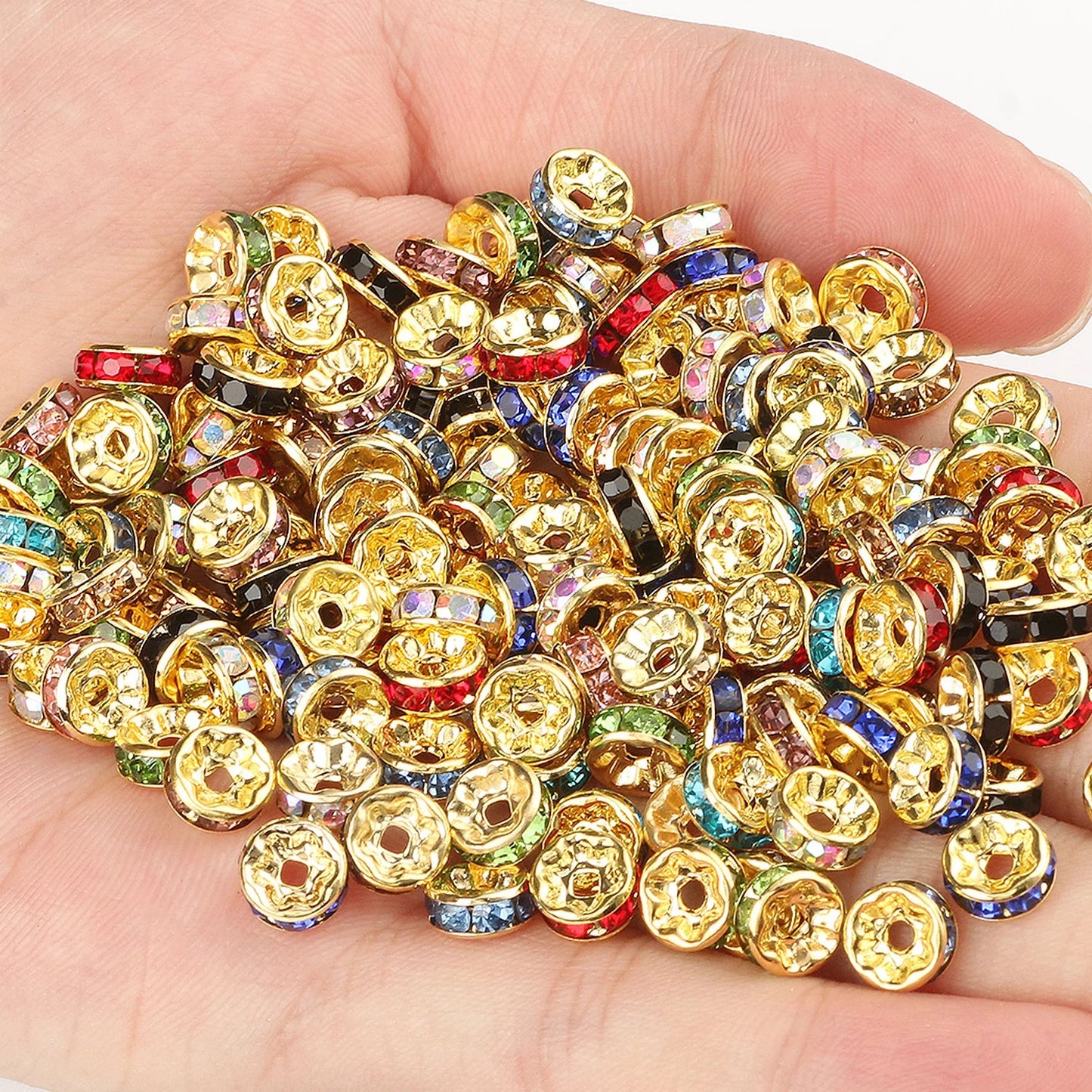 50PCS Rhinestone Spacer Beads Set – Multi-Color Crystal Rondelle Metal Beads for DIY Jewelry & Bracelet Making