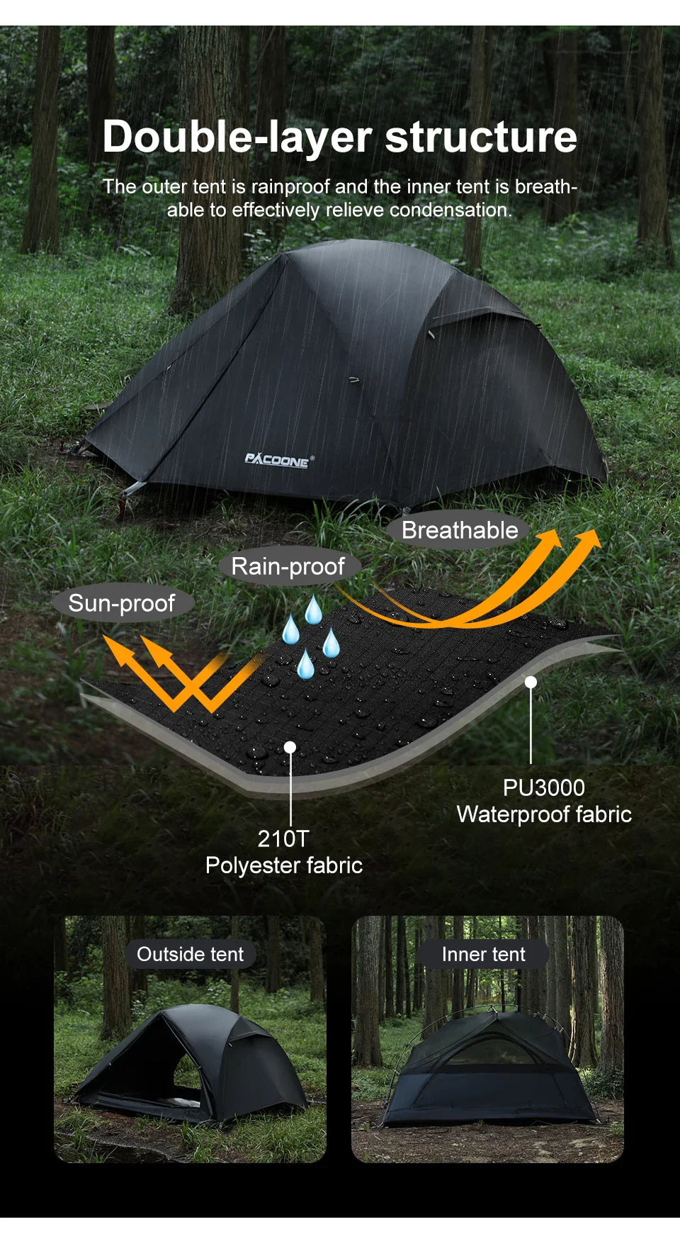PACOONE Ultralight 20D Nylon Camping Tent – Portable Waterproof Backpacking, Cycling, Hiking, Travel & Beach Tent