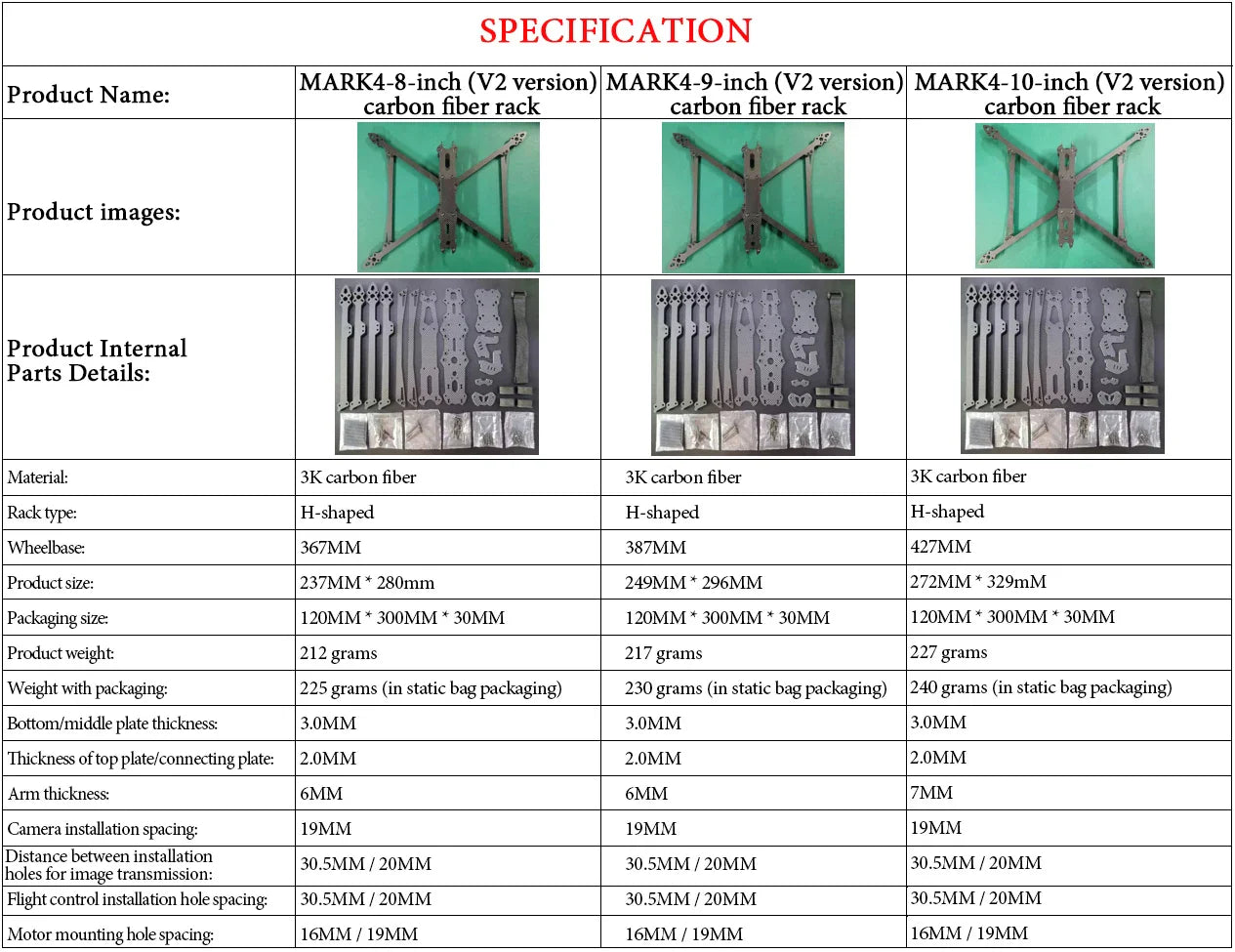 MARK V2 3K Carbon Fiber H-Type FPV Drone Frame Kit – 8/9/10 inch, 367/387/427mm Wheelbase for Freestyle & Long Range Racing