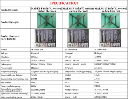 MARK V2 3K Carbon Fiber H-Type FPV Drone Frame Kit – 8/9/10 inch, 367/387/427mm Wheelbase for Freestyle & Long Range Racing