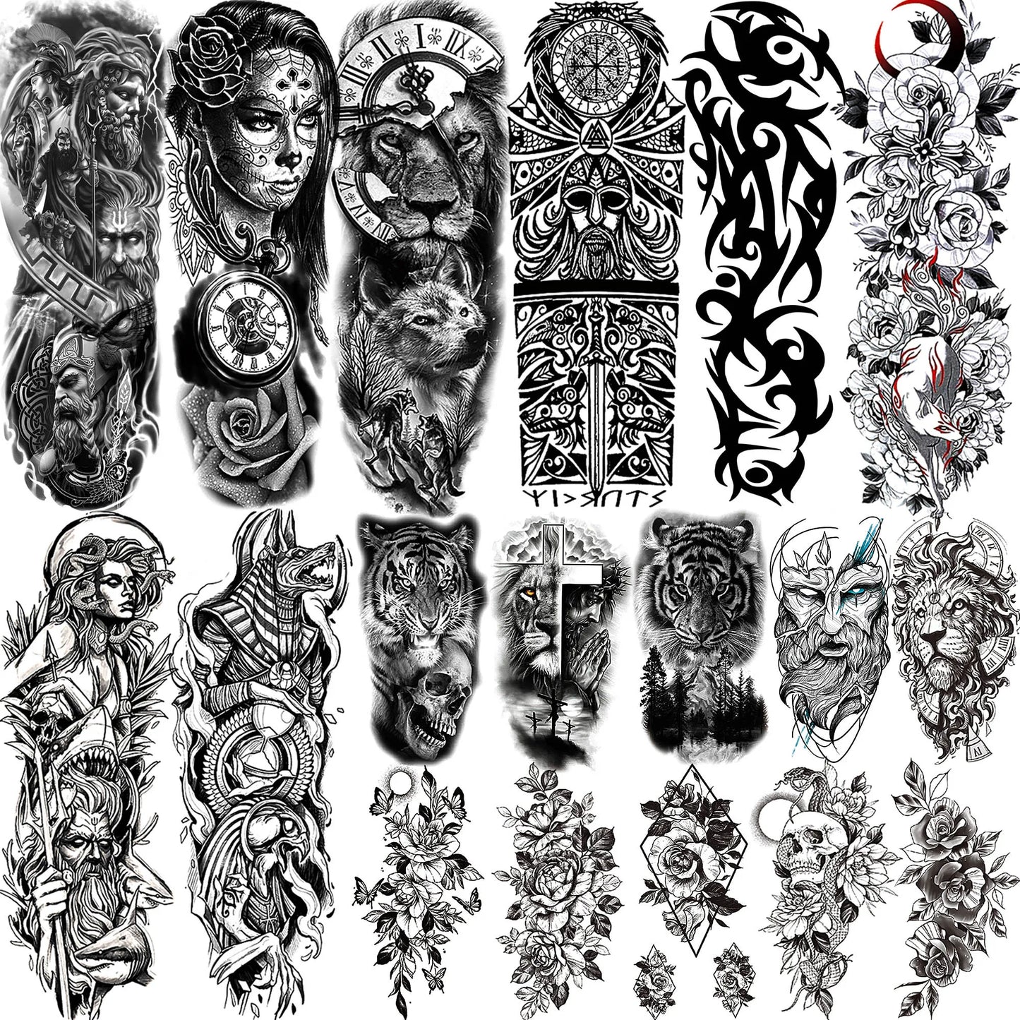 Full Arm Temporary Tattoo Sleeve - Realistic Warrior Lion Tiger Flower & Maori Design Fake Tattoos