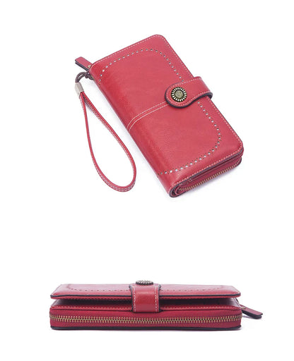 Vintage Large Capacity Women's Purse – Monochromatic Multi-Card Long Wallet with Zipper & Wrist Strap