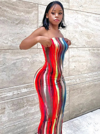 Women’s Off Shoulder Printed Maxi Dress - Slim Fit Bandage Chest Wrap Summer Party Dress