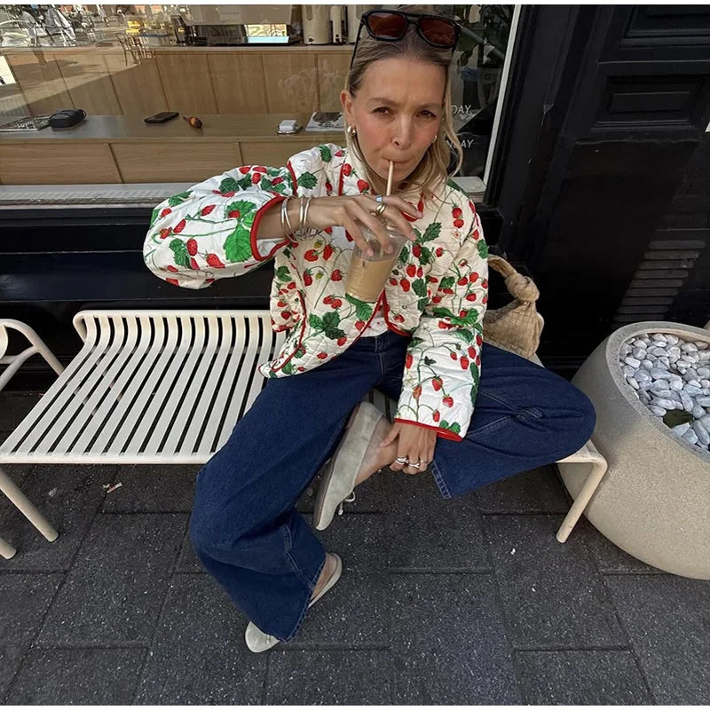 2025 Women’s Printed Quilted Padded Jacket – Collared Cotton Coat with Contrast Piped Pockets, Casual Autumn Outerwear