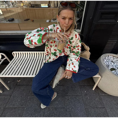 2025 Women’s Printed Quilted Padded Jacket – Collared Cotton Coat with Contrast Piped Pockets, Casual Autumn Outerwear