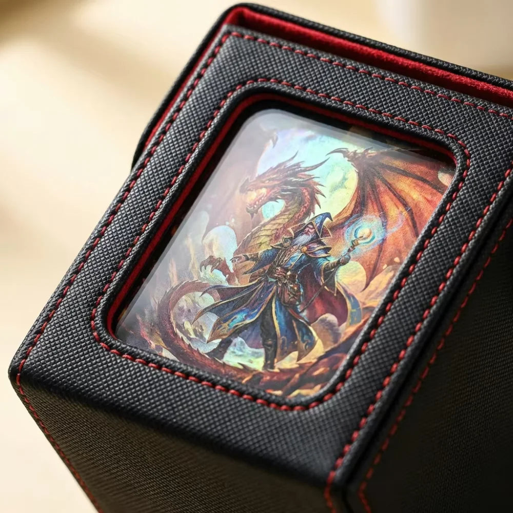 PU Leather Trading Card Deck Box for 120+ Sleeved Cards with Magnetic Closure & Display Window