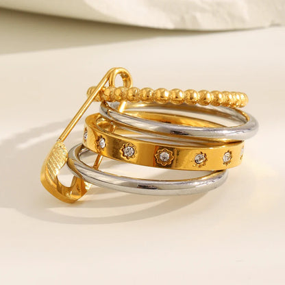 La. Muses 4-Layer Zircon Bead Stainless Steel Women’s Ring with Pin Loop Buckle – Trendy PVD Jewelry Gift