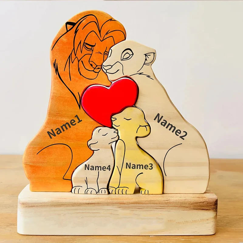 Personalized Wooden Lion Family Puzzle — Custom Name Art Puzzle for Home Decor, Anniversary & Warm Family Gift Keepsake