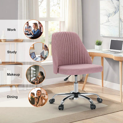 Armless Small Desk Chair – Cute Vanity Swivel Chair with Back, Fabric Upholstery & Wheels for Home & Gaming