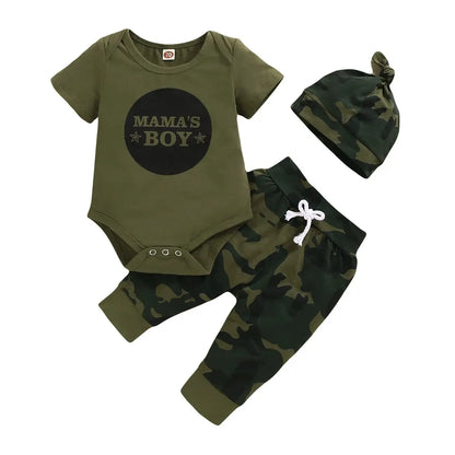 Newborn Baby Boy Summer Outfit – 3pcs Set with Letter Romper, Camouflage Pants & Hat, 0-18 Months