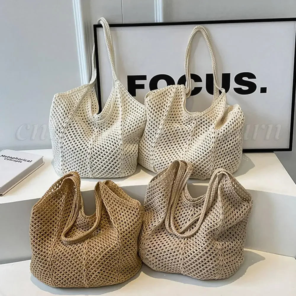 Fashion Women’s Hollow Woven Shoulder Bag – Large Capacity Crochet Tote, Solid Knitting Mesh Handbag for Summer & Beach