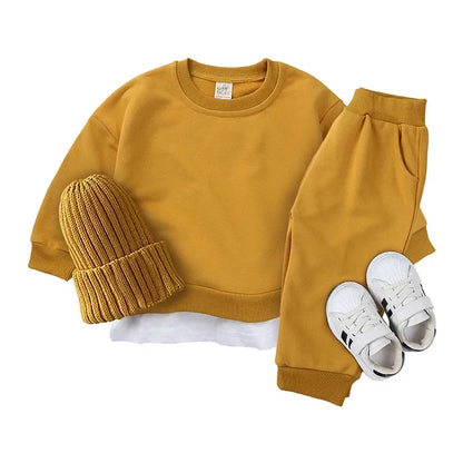 2PCS Kids Clothes Set for 1-7Y - Solid Cotton Pullover Sweatshirt & Pants, Long Sleeve Autumn Outfits for Boys & Girls