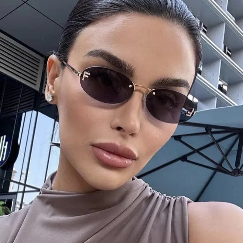 Elegant Diamond Oval Rimless Sunglasses — Men’s “F” Letter Car Sunglasses Model 90902