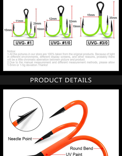 Spinpoler Flame Treble Fishing Hook – UV-Active Violet Paint, 2X Strong Hi-Carbon Steel for Soft Bait & Swimbait Tackle, #1, #1/0, #2/0