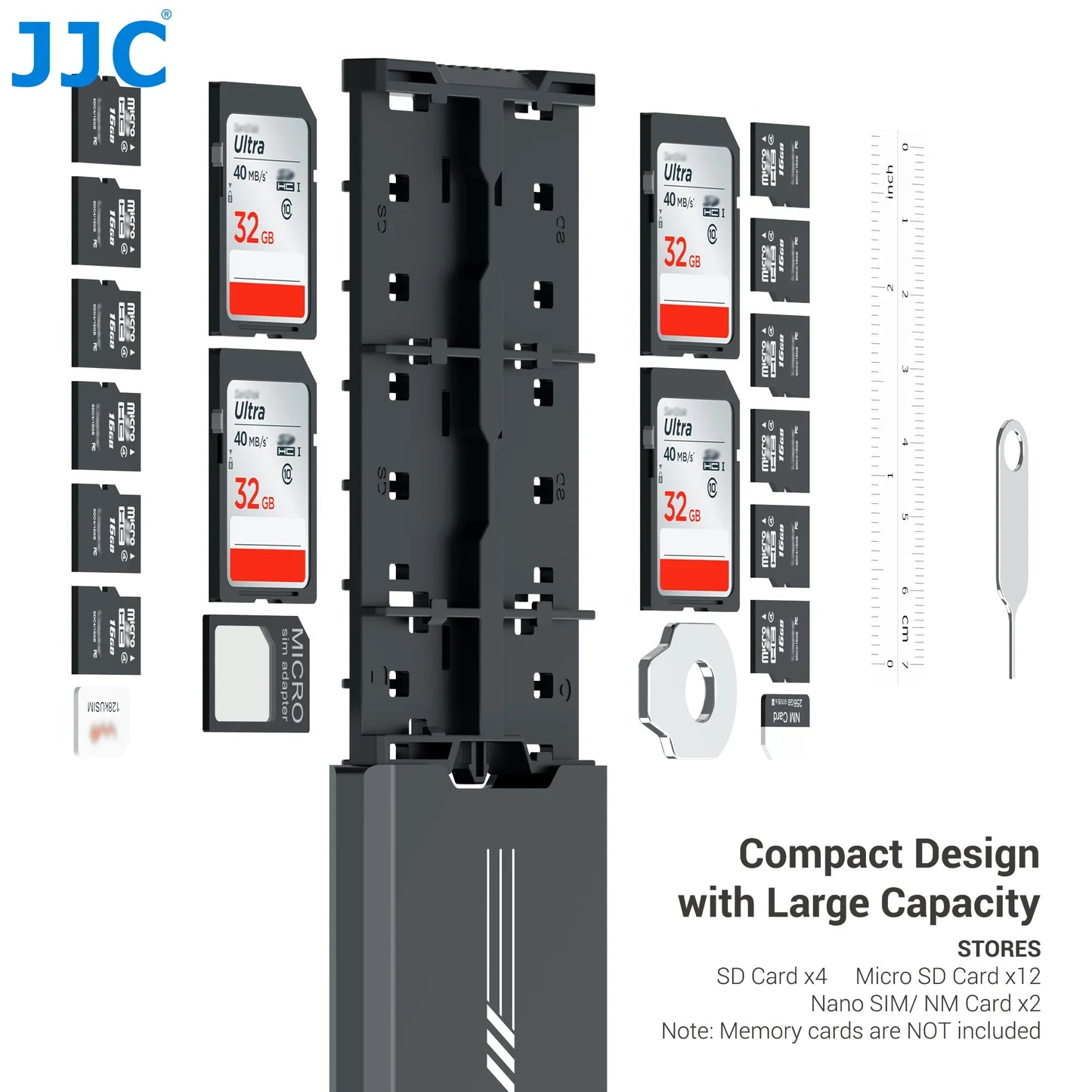 JJC 18-Slot Memory Card Case – Pop-Up SD, MicroSD, Nano SIM & NM Card Holder with Carabiner