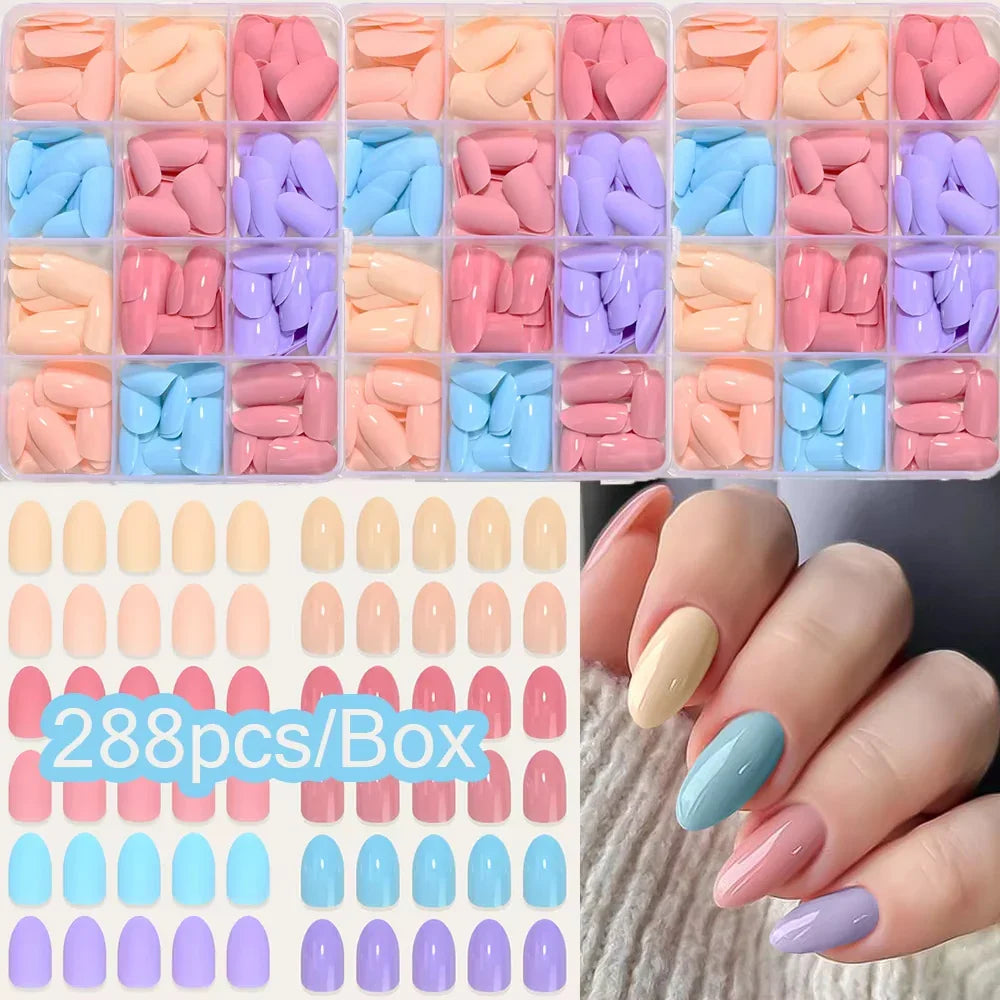 576PCS Colorful Press-On Fake Nails Set – Black & Red Oval/Square Short Full Cover Nail Tips for Salon-Style Nail Art
