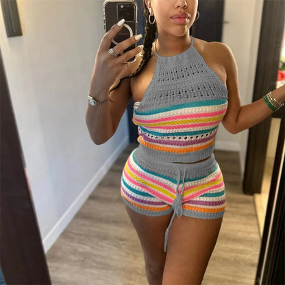 Women’s Rainbow Striped Knit 2-Piece Set – Halter Lace-Up Backless Top & Slim Fit Shorts Casual Outfit