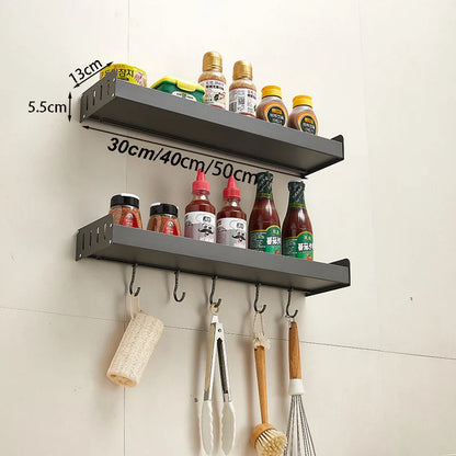 Wall-Mounted Kitchen Spice Rack Organizer with Hanging Hooks – Kitchen Storage Shelf for Condiments