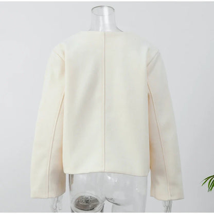 2024 Women's Elegant Solid Wool Blend Cardigan Coat – Round Neck, Single Button, Long Sleeve High Street Outwear