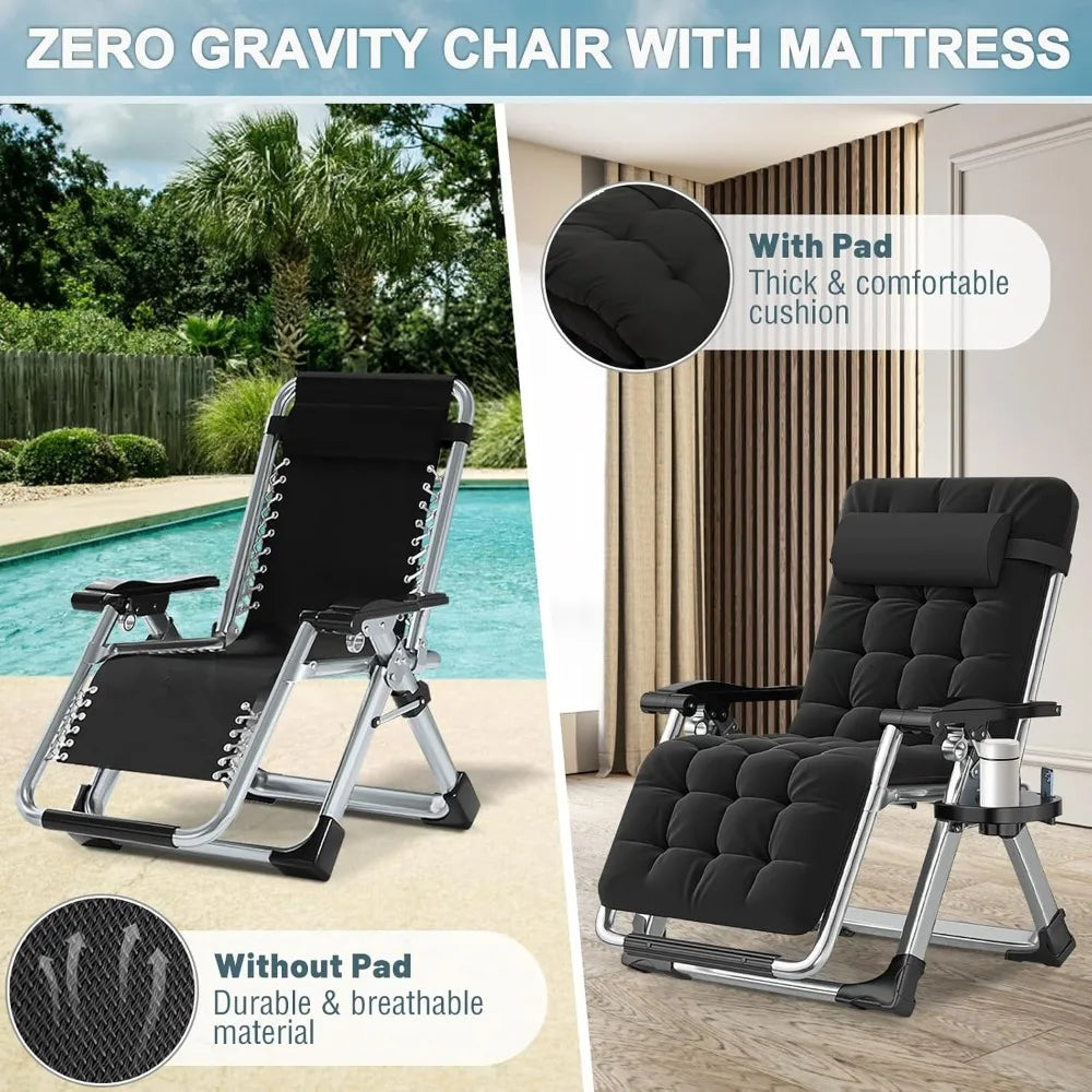 Set of 2 Zero Gravity Outdoor Lounge Chairs – Reclining Patio Sun Loungers with Cushion, Headrest & Cup Holder