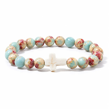 Natural Stone & Wood Bead Rosary Bracelet - Hematite Cross Meditation & Yoga Jewelry for Men & Women