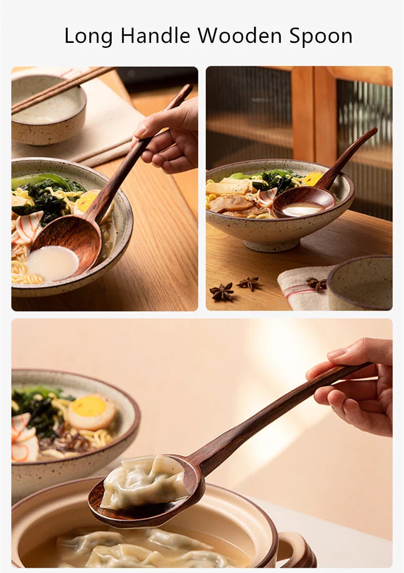 New Long Handle Ramen Wooden Spoon – Japanese Kitchen Cooking Utensil Large Soup Ladle