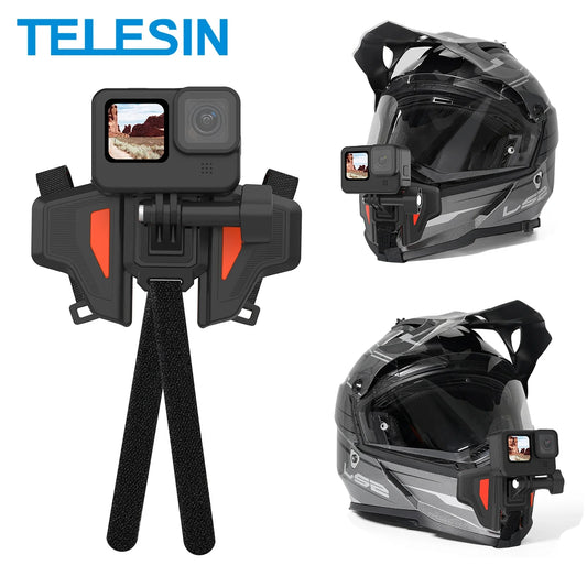 TELESIN Motorcycle Helmet Chin Mount Strap – Foldable Front Mount for GoPro 13/12/11/10/9, DJI Osmo Action & Insta360 Accessories