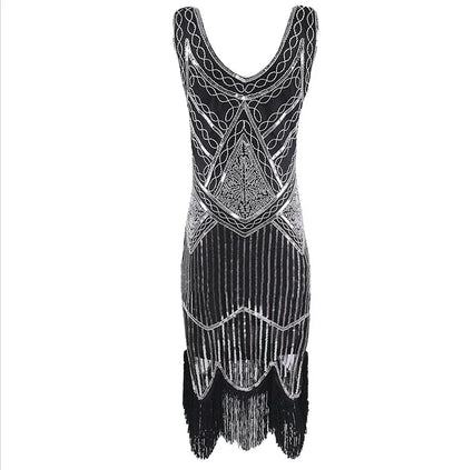 Women’s 1920s Great Gatsby Flapper Dress – Vintage V-Neck Sequin & Bead Long Mesh Maxi Party Prom Gown