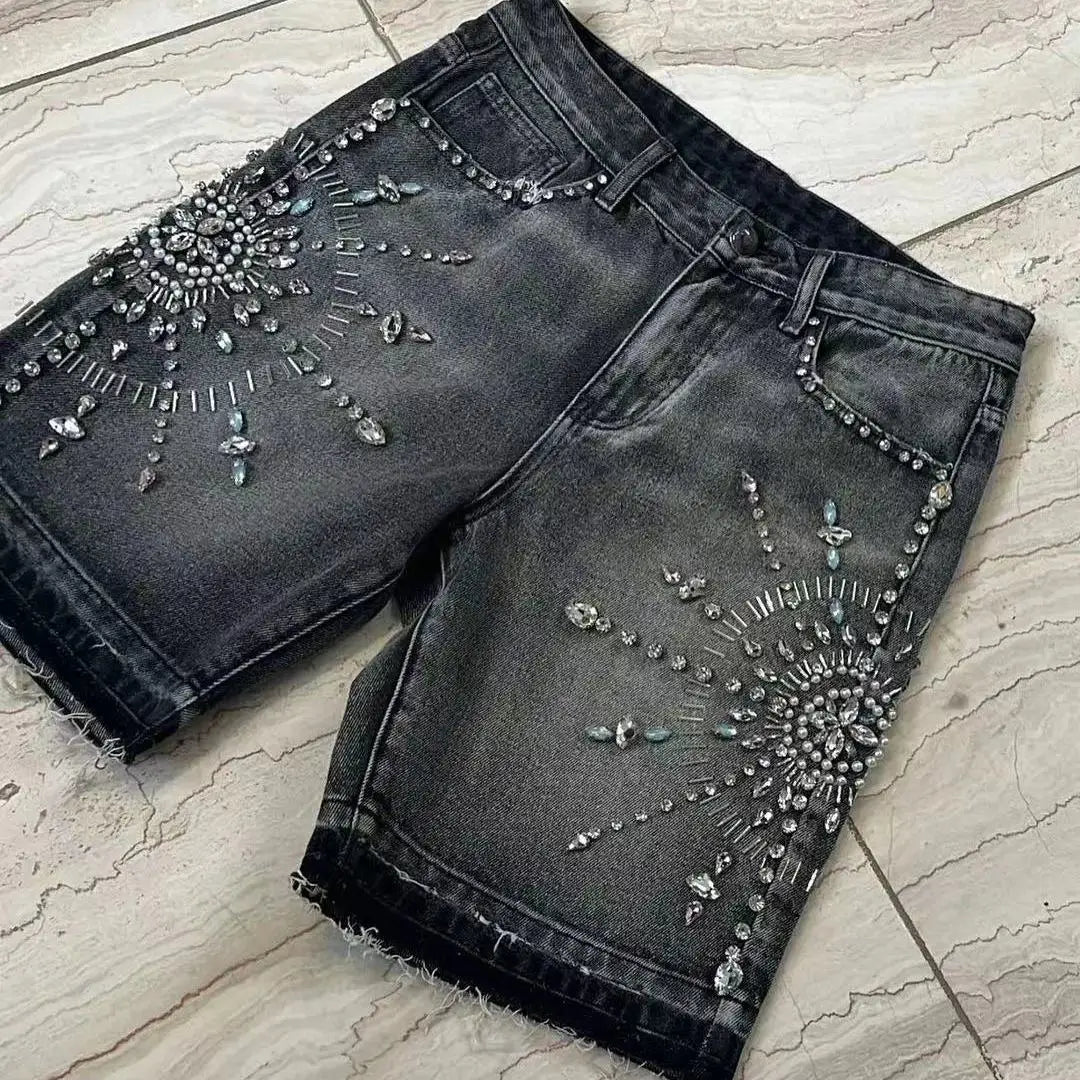 American Retro Washed Denim Shorts – Personalized Street Style Loose Straight Diamond-Decorated Shorts for Men & Women