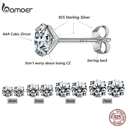 Bamoer 925 Sterling Silver CZ Stud Earrings – Platinum Plated Round Cubic Zirconia Barbell, Hypoallergenic, 4-7mm