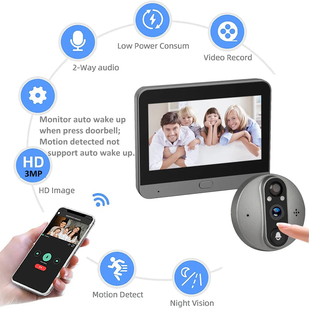 3MP Smart Life Tuya WiFi Doorbell — 1080P Peephole Camera, 5000mAh Battery, PIR Motion Sensor, IR, Alexa & Google Compatible
