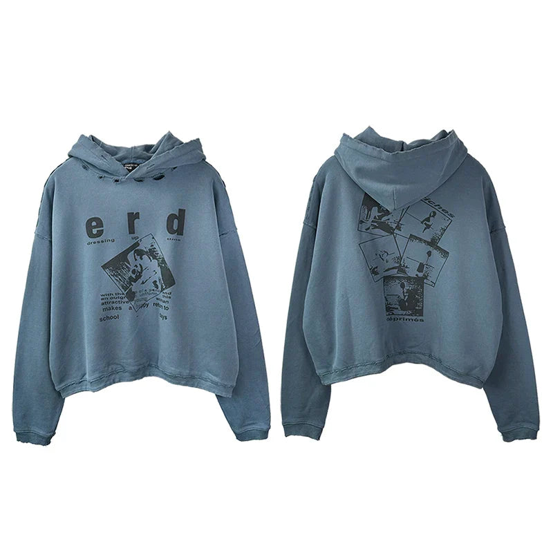 2025SS Ripped E.R.D. Hoodie – Men & Women Slogan Print Short Wide Sweatshirt