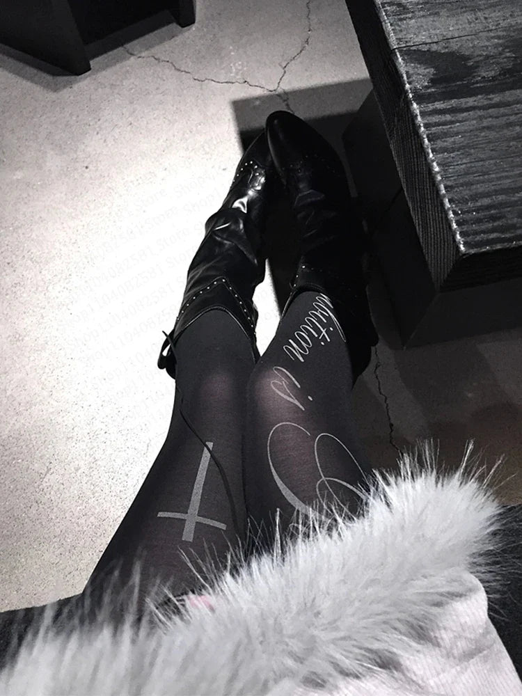 Y2K Letter Print Pantyhose - Black Punk Gothic Lolita Style Tights for Women