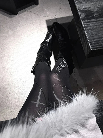 Y2K Letter Print Pantyhose - Black Punk Gothic Lolita Style Tights for Women