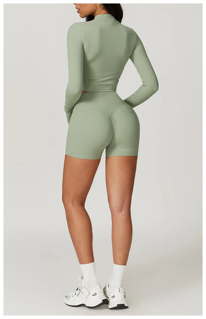 3PCS Women’s Yoga & Workout Set – Long Sleeve Zipper Top with High Waist Leggings Fitness Sportswear