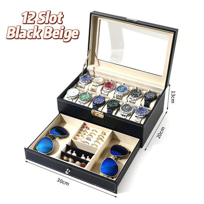 2024 12-Slot Leather Watch Storage Box — Lockable 2-Tier Organizer & Jewelry Display Drawer for Men & Women