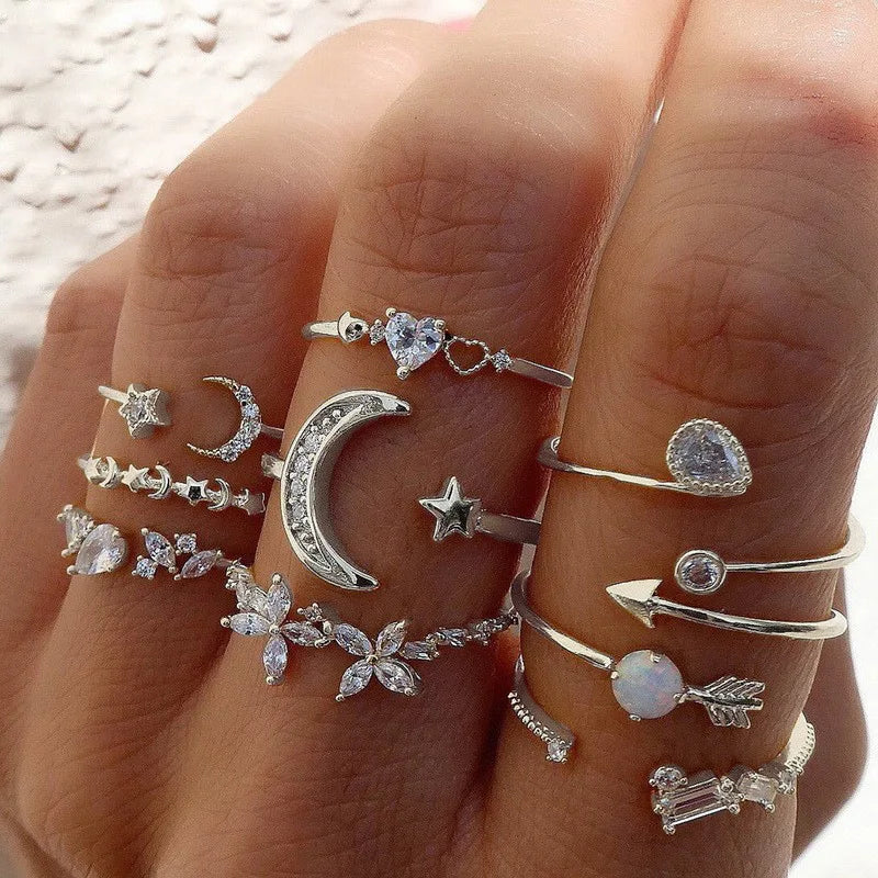 Women’s Silver Crystal Ring Set – Cubic Zirconia Moon, Arrow, Flower & Heart Wedding Fashion Jewelry