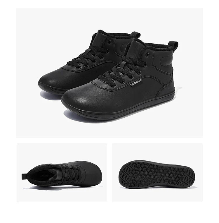 HOBIBEAR Unisex Winter Barefoot Shoes – Wide Toe Box Faux Fur Lined Ankle Sneakers for Women & Men, Artificial Leather Lace-Up