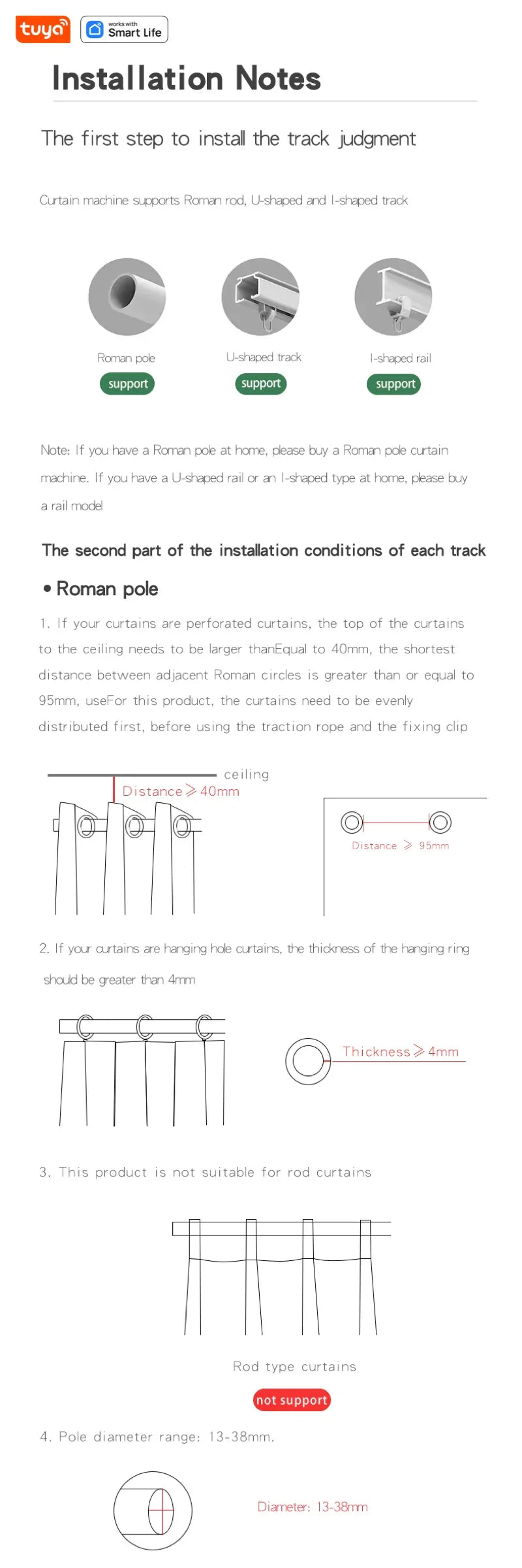 Tuya Smart Curtain Robot – Roman Rod Track with APP Control, Single/Double, Compatible with Tuya Gateway for Remote Control