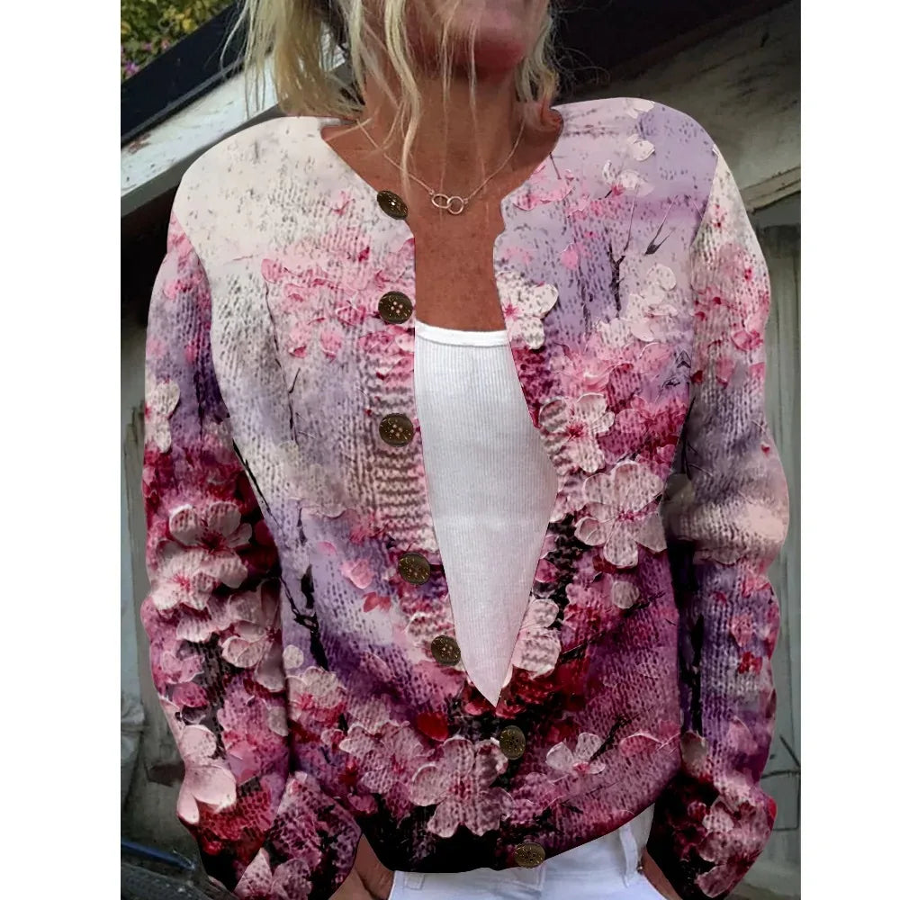 Women’s 3D Print Knitted Cardigan – Thin Vintage Sweater Autumn Winter Chic Knit Top Casual Streetwear